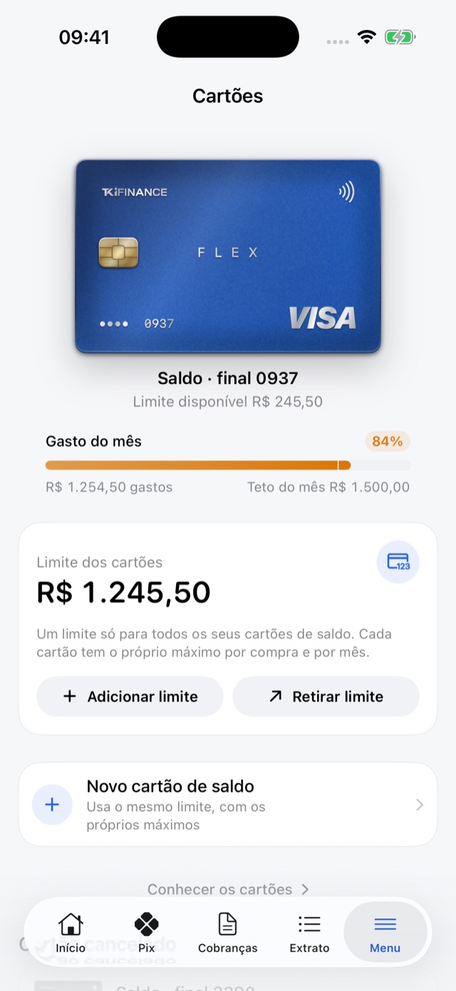 Cartões no app: cartão Flex, gasto do mês e limite dos cartões