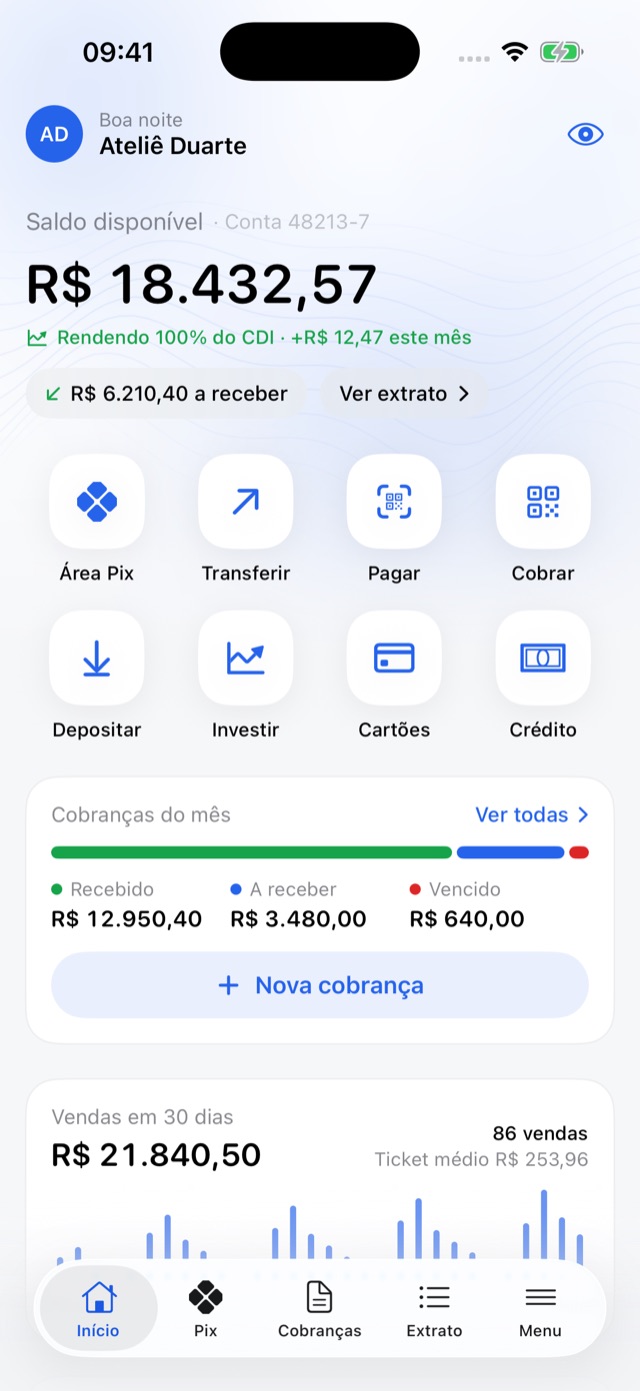 Início do app com saldo disponível rendendo pelo CDI, atalhos e cobranças do mês